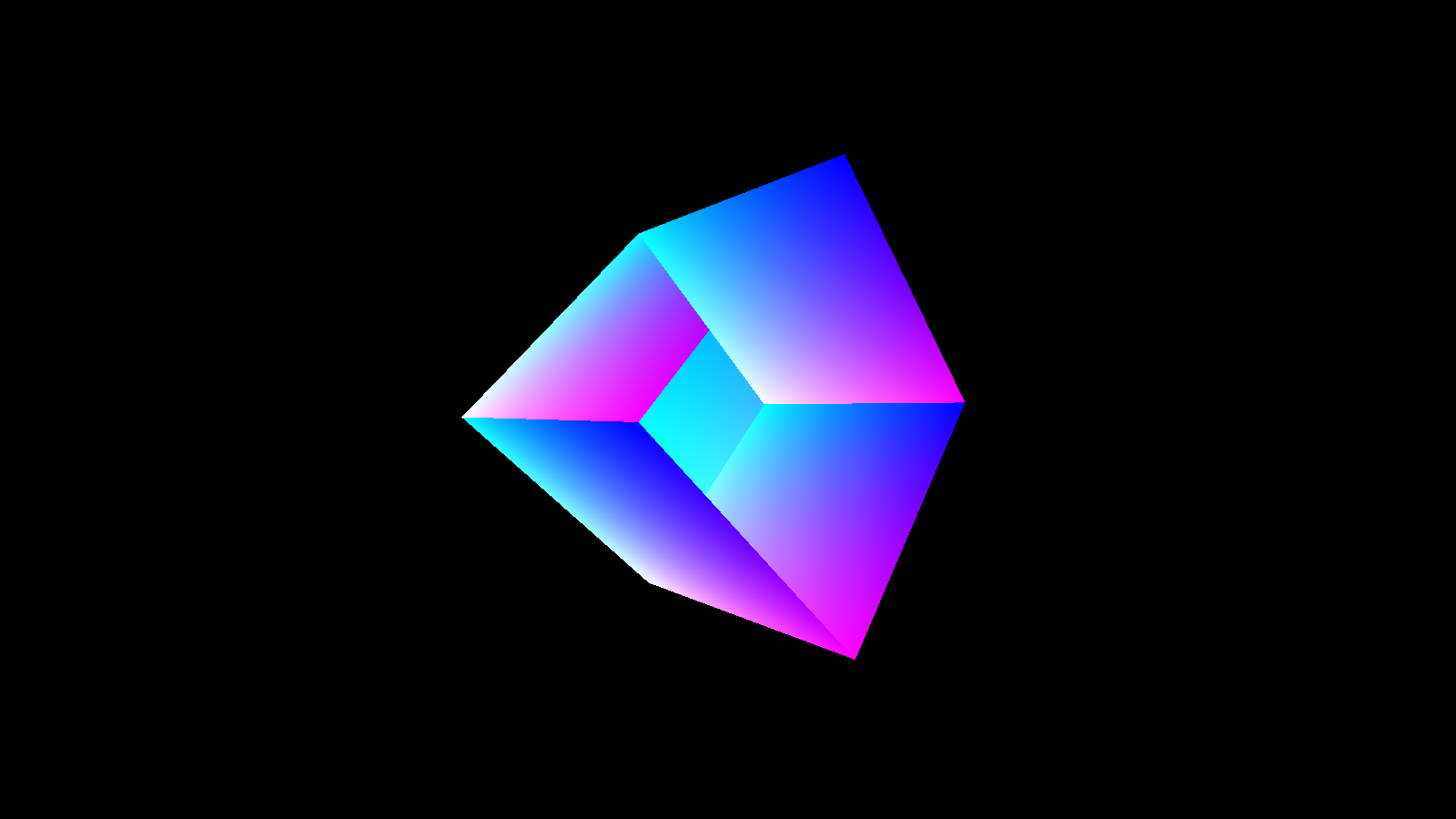 The same cube rendered without depth testing: back faces paint over front faces, so it looks hollow and turned inside-out. (PHP-GLFW)