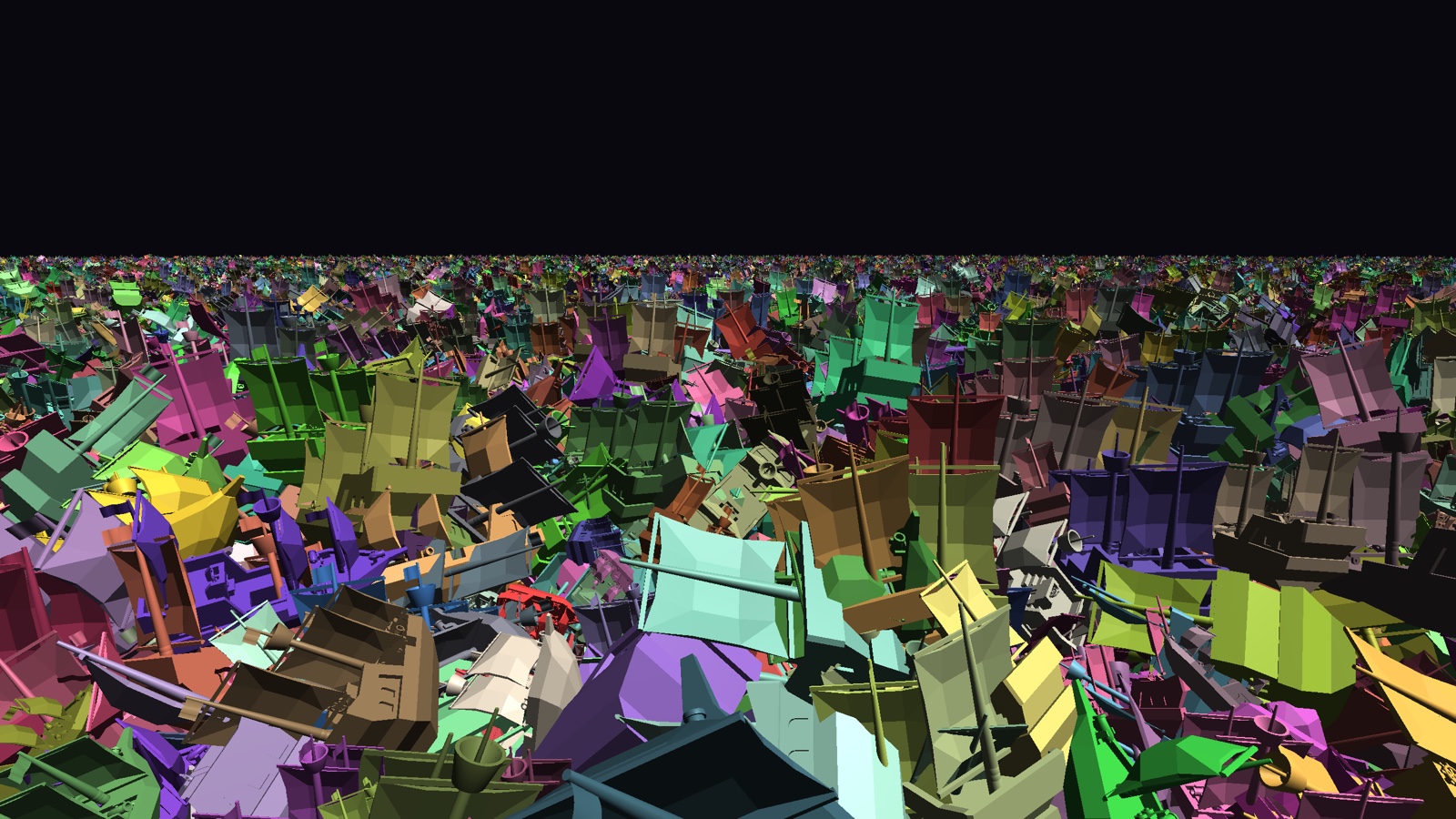 PHP-GLFW DrawCallAssembler rendering a dense field of thousands of instanced ships