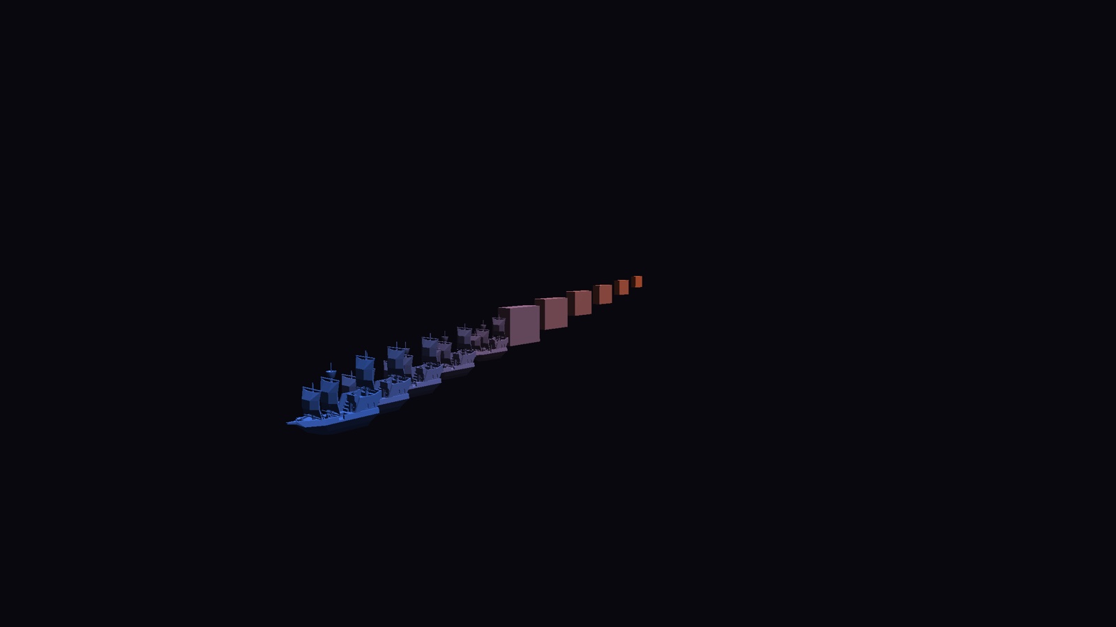 PHP-GLFW DrawCallAssembler level of detail, detailed ships up close swapped for simple cubes in the distance