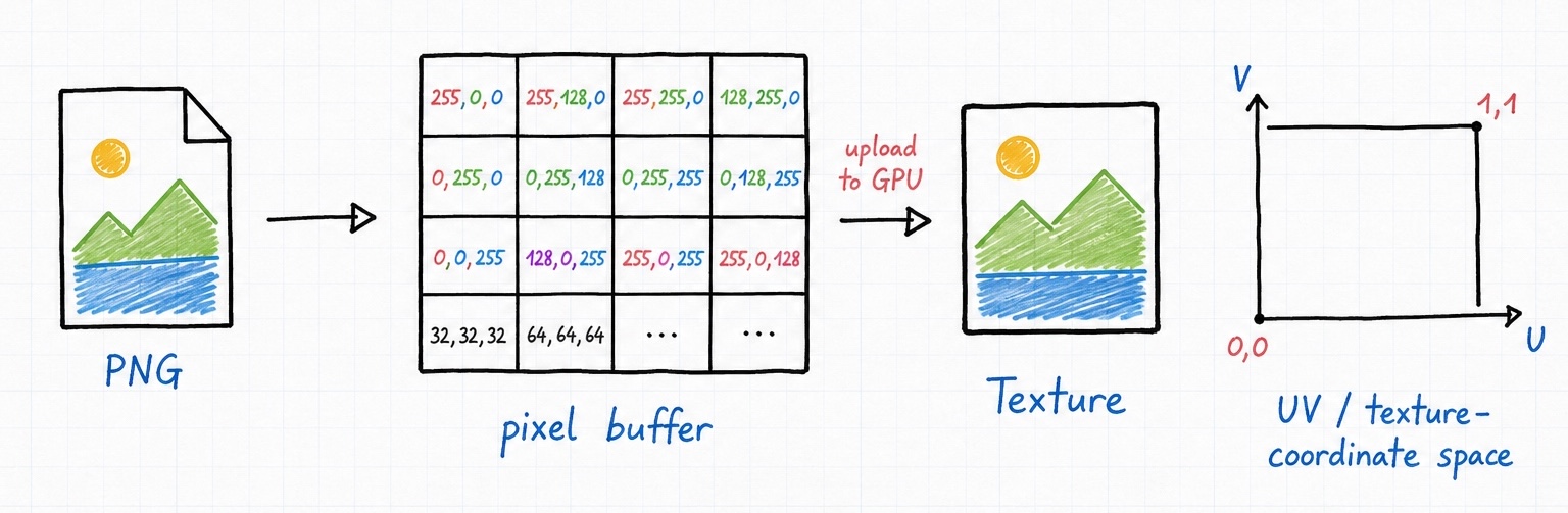 A PNG is decoded into a pixel buffer, uploaded to the GPU as a texture, and sampled through UV coordinates that run from 0,0 to 1,1